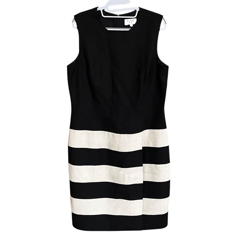 VTG David Meister Black Stripe Linen Sleeveless Faux Wrap Sheath Dress Size 12